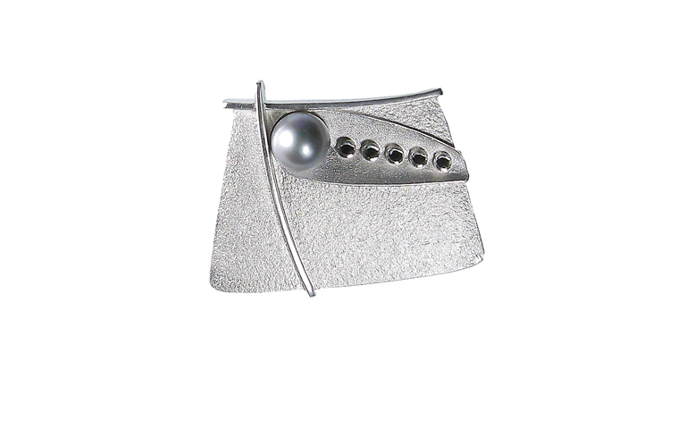 30005-Brosche, Silber 925, schwarze Diamanten, graü Perle