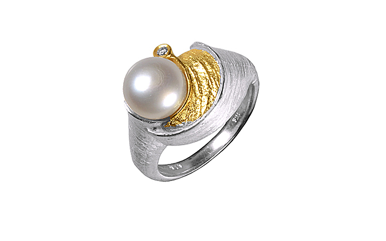 12592-Ring, Silber 925, Gold 750, Perle und Brillant