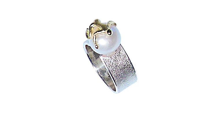 12857-Ring, Silber 925, mit Gold 750 und Süsswasser Perle